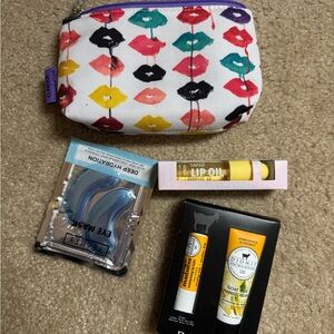 Colorful Lip Print Pouch with Skincare items, NEW
